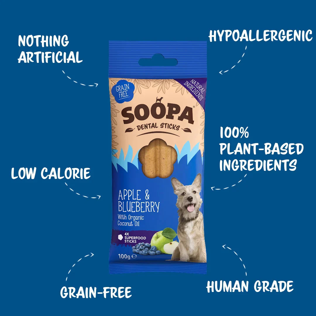 Soopa Dog Chews Apple & Blueberry Dental Sticks Natural Low Fat Dog Chews Made From Fruit And Vegetables.