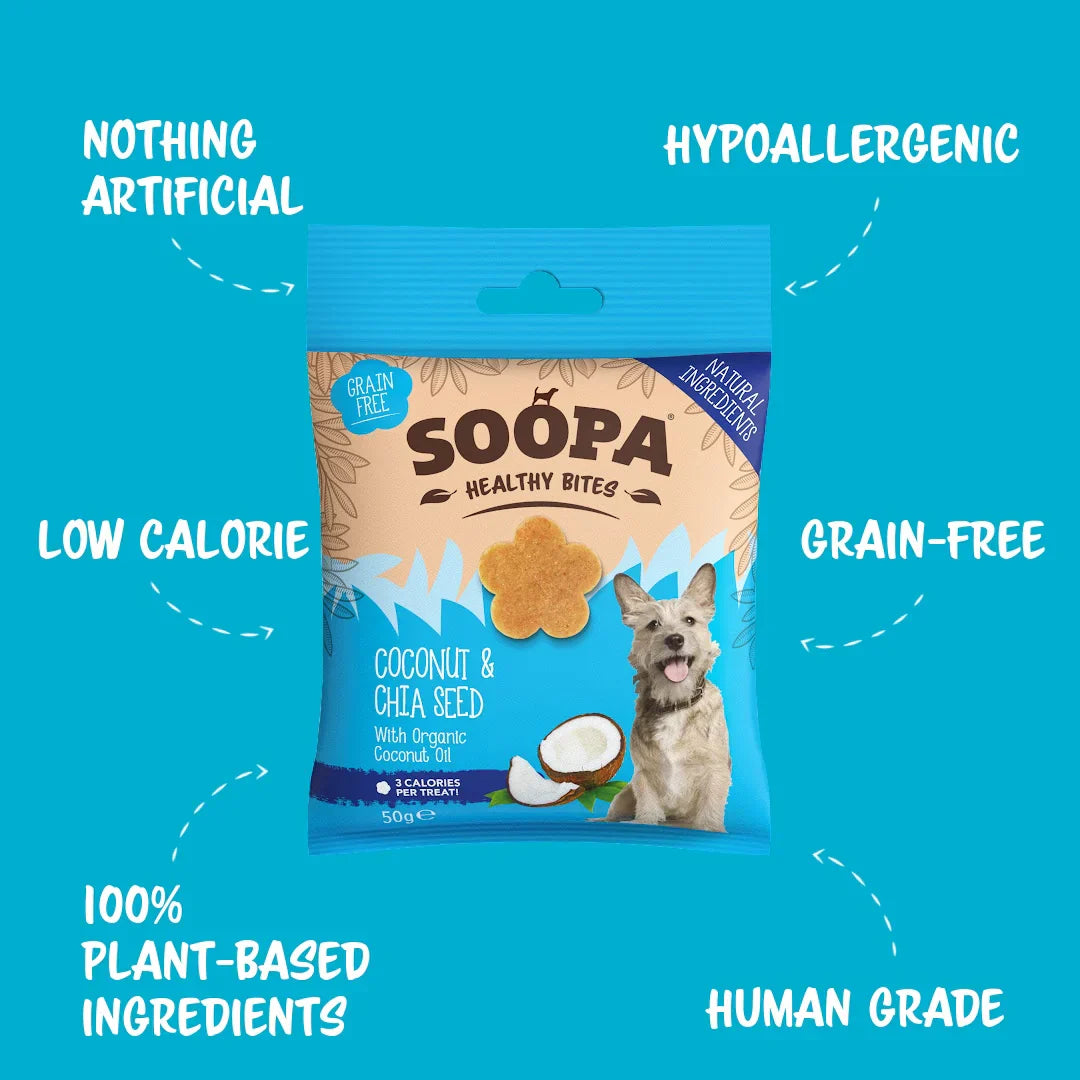 Soopa Coconut & Chia Seed Bites Natural Low Fat Dog Chews Made From Fruit And Vegetables.