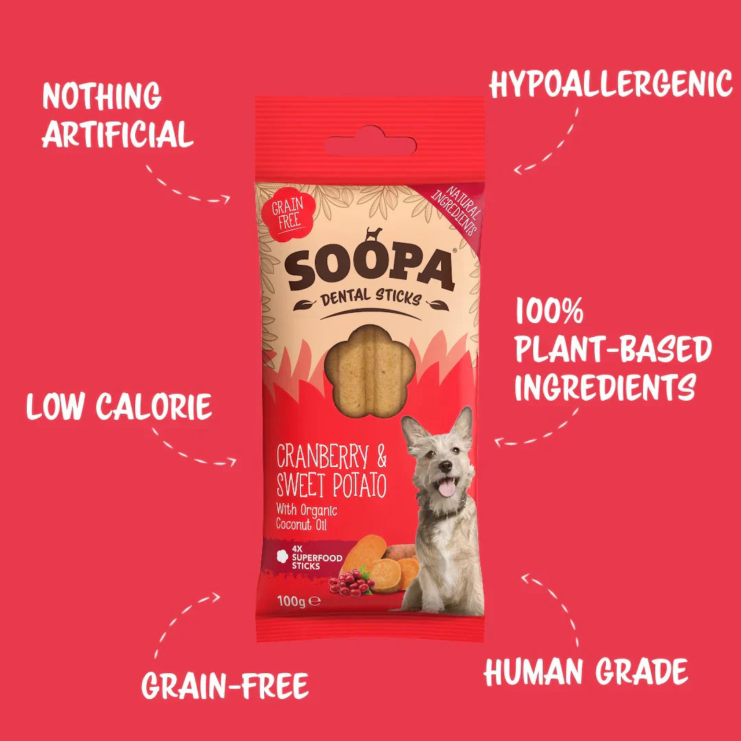 Soopa Cranberry & Sweet Potato Dental Stick Natural Low Fat Dog Chews Made From Fruit And Vegetables.